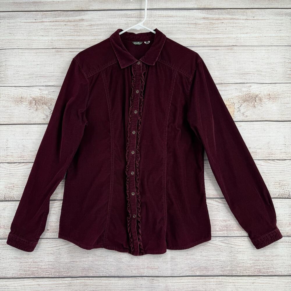 Eddie Bauer Ruffled Corduroy Button Down Shirt Womens XL Maroon Long Sleeve